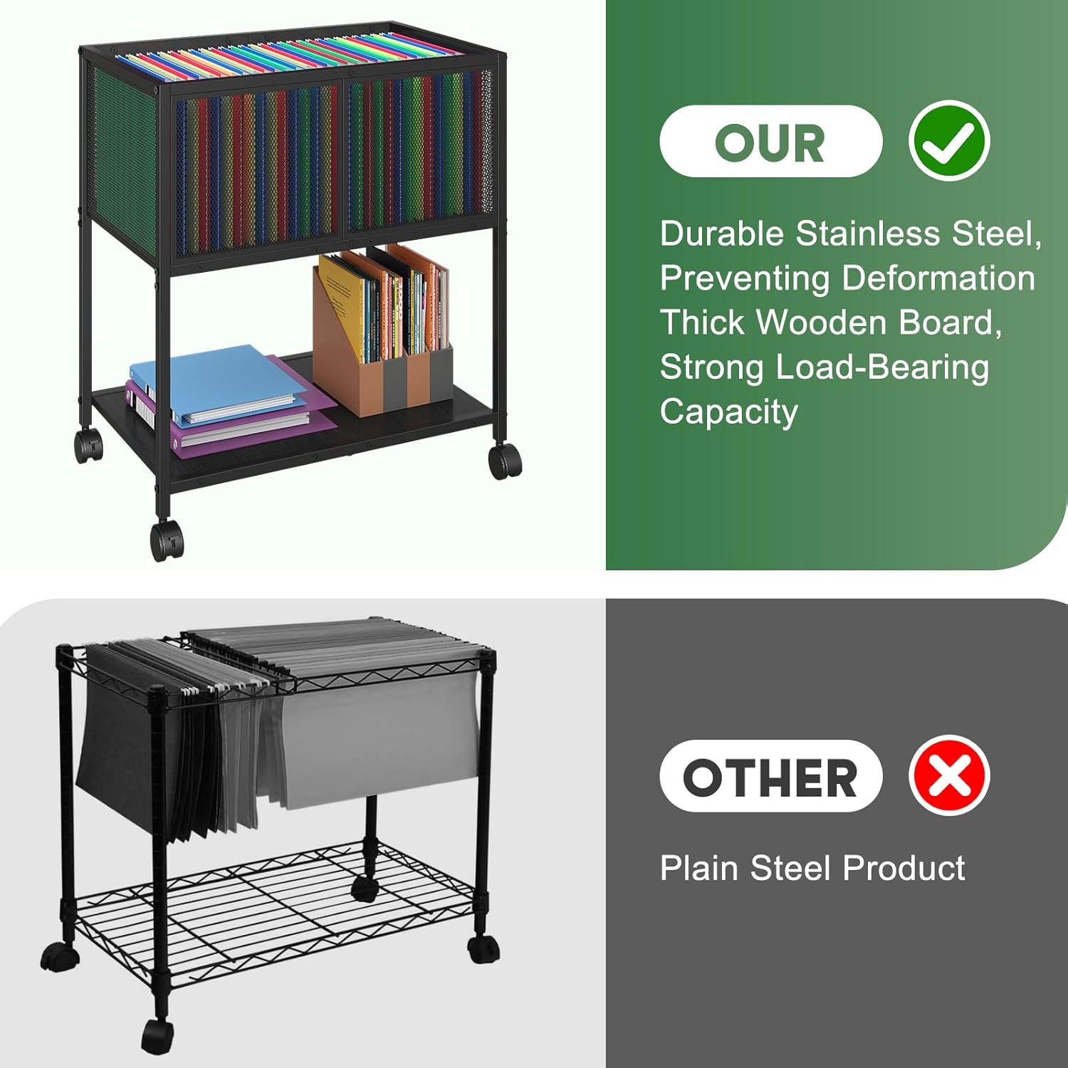 Rolling File Cart, Mobile File Cabinet with Wheels Hanging Files, Metal Hanging File Folder Cart File Organizer Fit Letter Size for Home Office, Black