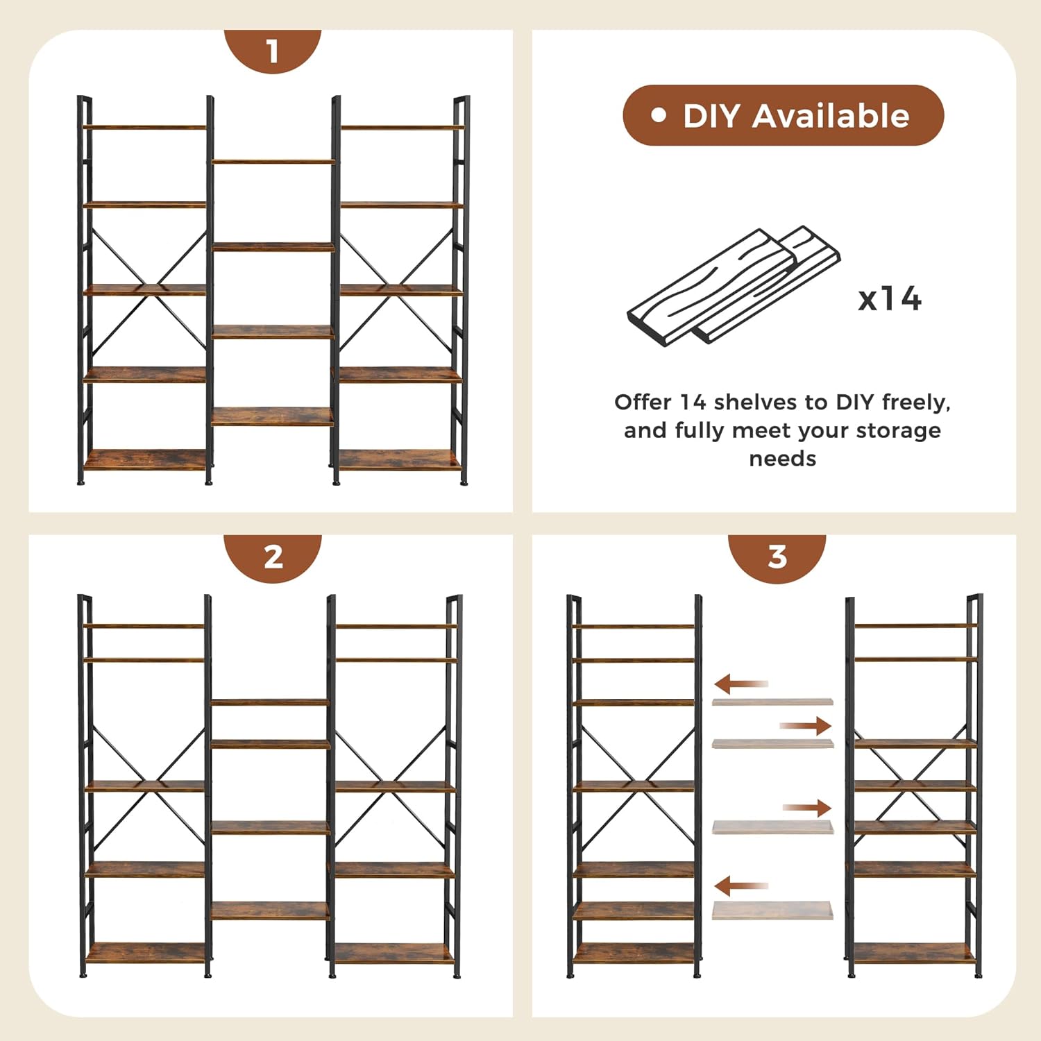 SUPERJARE Triple 5 Tier Bookshelf, Bookcase with 14 Open Display Shelves, Wide Book Shelf Book Case for Home & Office, Rustic Brown