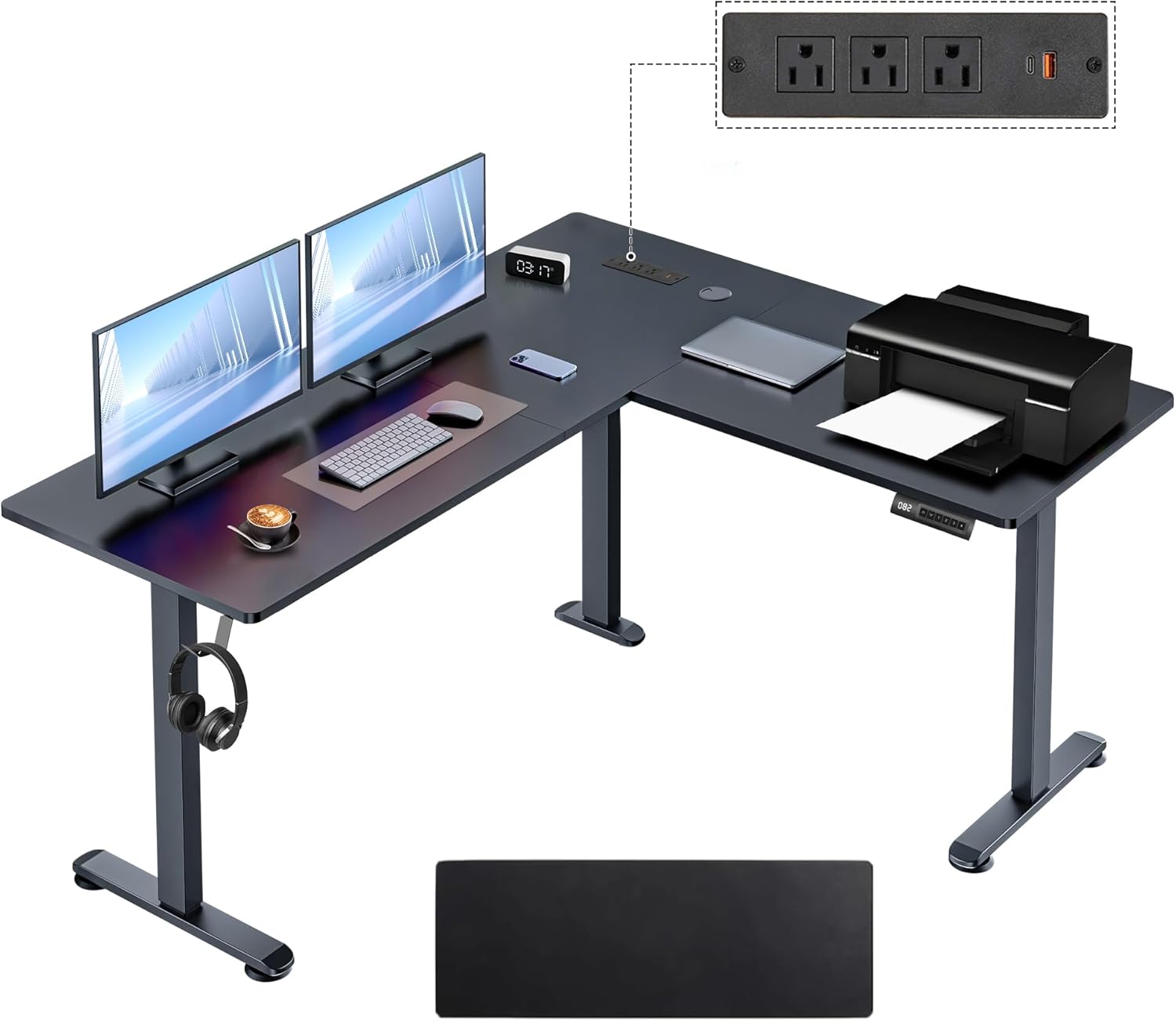 63” L Shaped Standing Desk with Charging Station,Supports Left and Right Swapping,Electric Height Adjustable Corner Stand Up Desk.Free Hook, Lockable Wheels,Mouse Pad,Oak