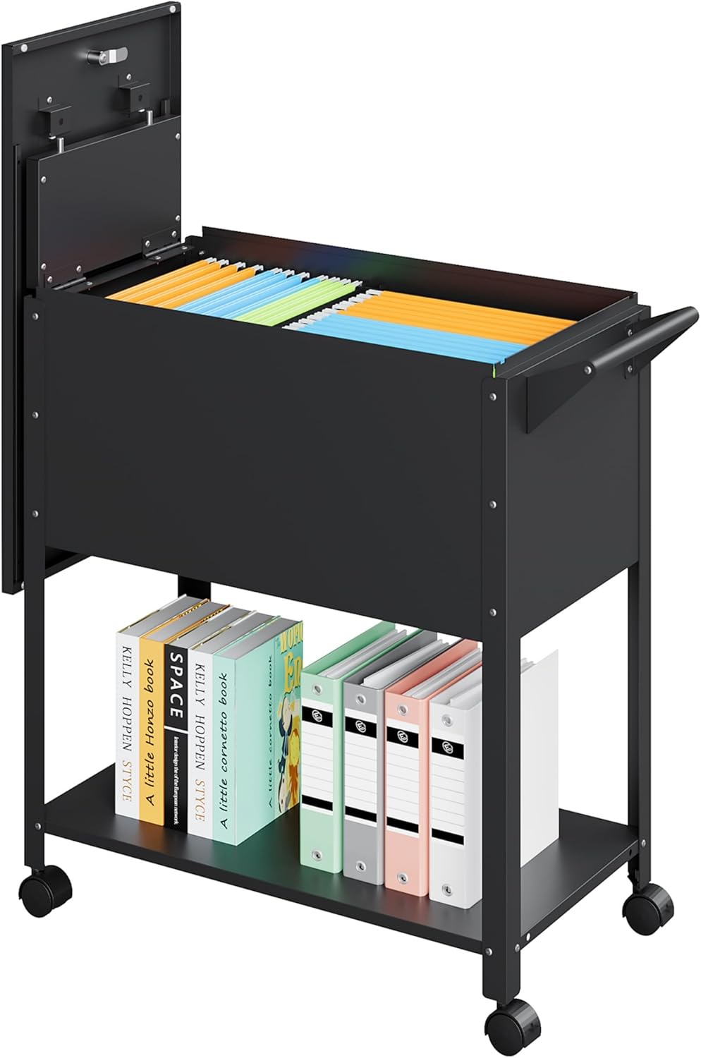 Rolling File Cart with Wheels Hanging Files,Rolling File Cabinet Organizer,Rolling Hanging File Folder Cart on Wheels,Metal Filing Cart,Fit A4/F4/Letter/Legal File for Home Office (Black)