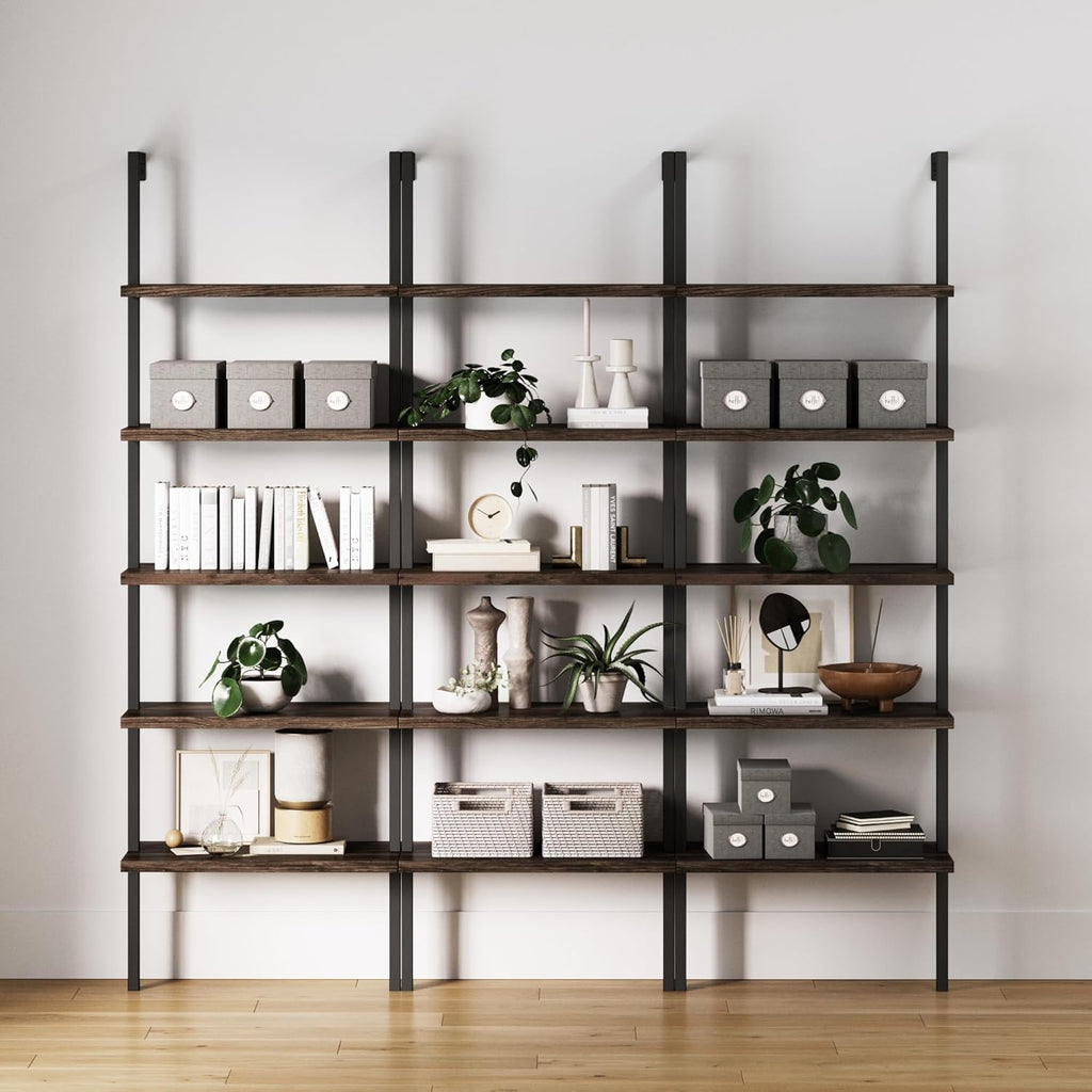 Nathan James Theo 5-Shelf Oak Wood Modern Bookcase, Open Wall Mount Ladder Bookshelf with Industrial Black Metal Frame
