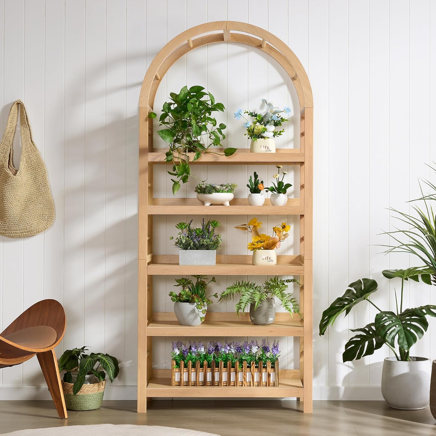 5-Tier Solid Wood Open Bookcase, Modern Arched Bookshelf, Home Office Shelf Storage Organizer, Storage Display Rack Shelf for Living Room (Walnut)