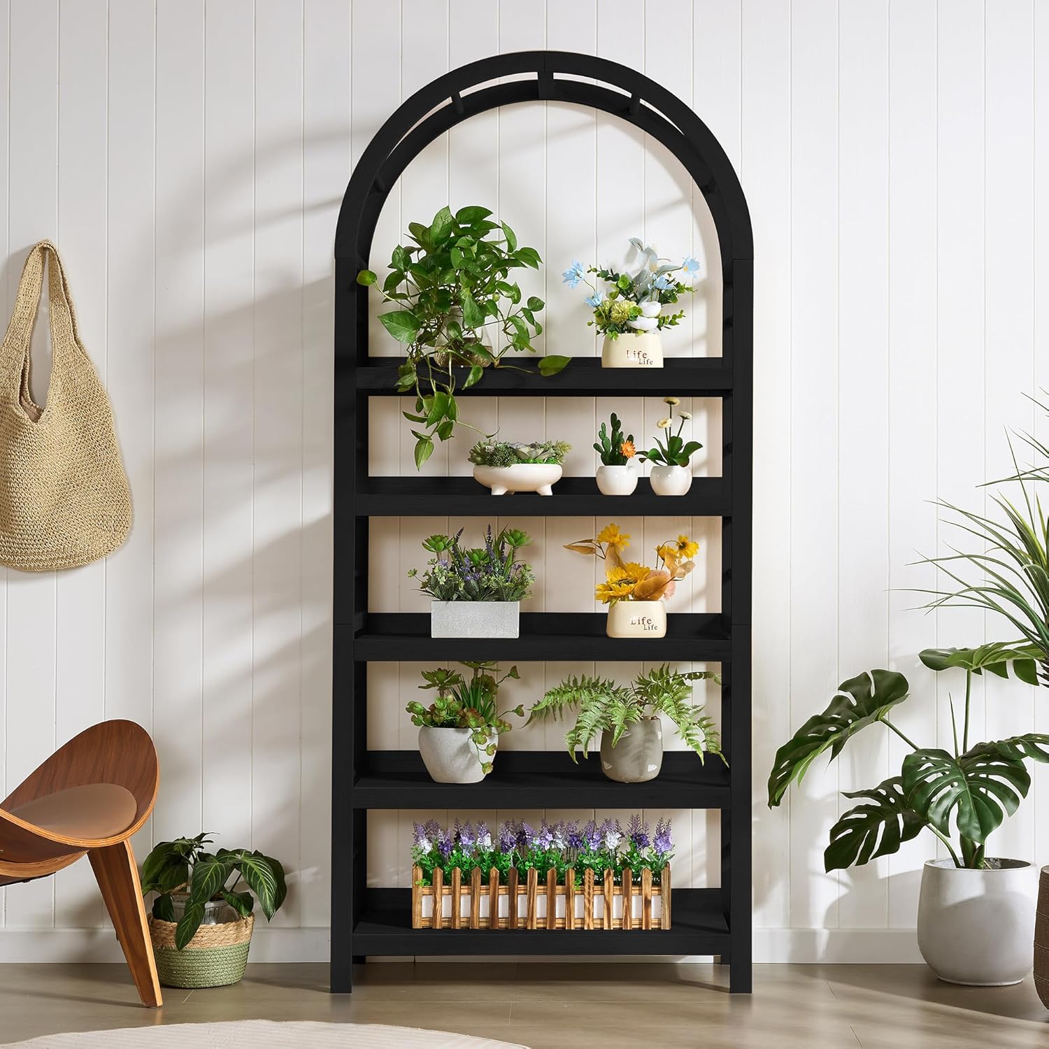 5-Tier Solid Wood Open Bookcase, Modern Arched Bookshelf, Home Office Shelf Storage Organizer, Storage Display Rack Shelf for Living Room (Walnut)