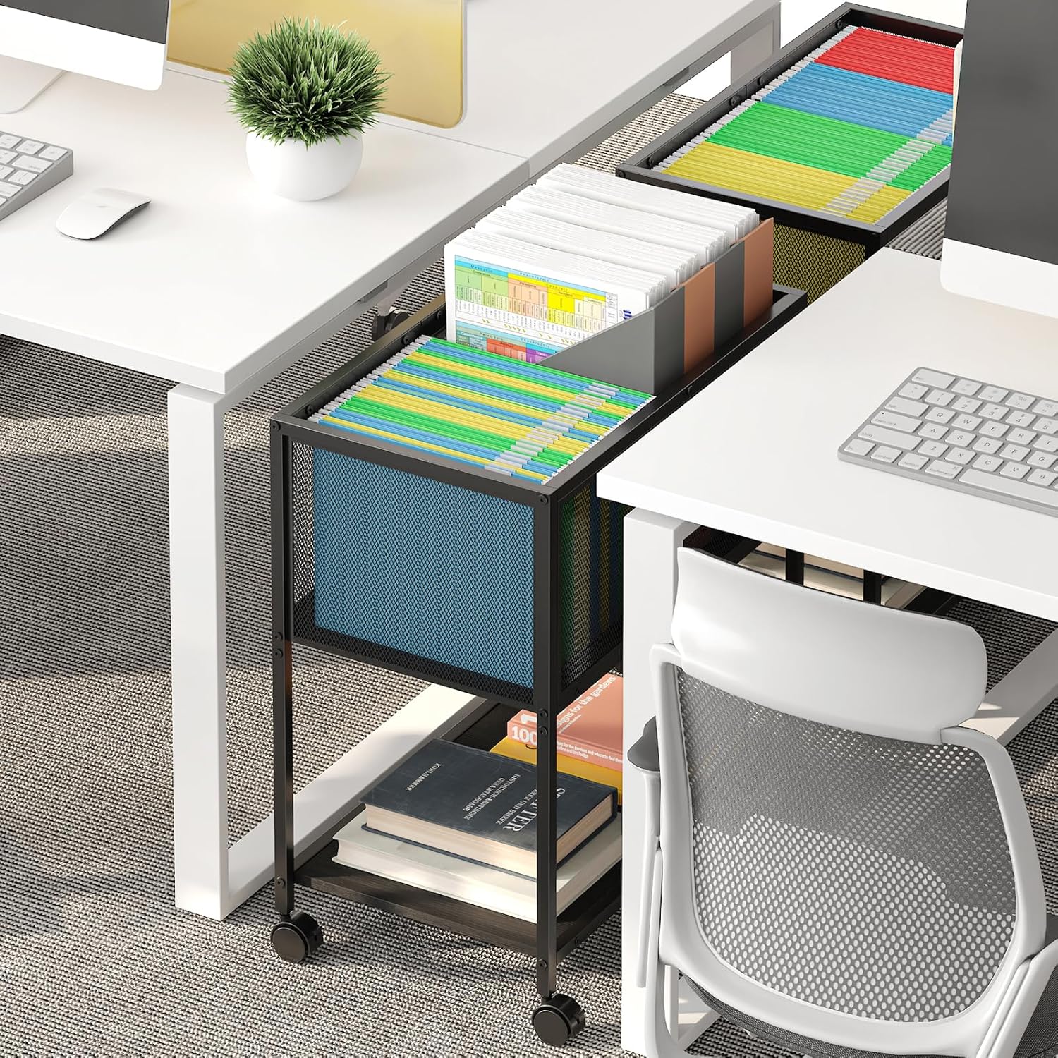 Rolling File Cart, Mobile File Cabinet with Wheels Hanging Files, Metal Hanging File Folder Cart File Organizer Fit Letter Size for Home Office, Black