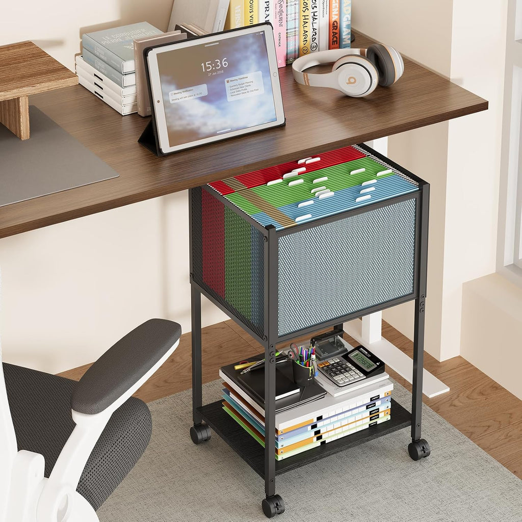 Rolling File Cart, Mobile File Cabinet with Wheels Hanging Files, Metal Hanging File Folder Cart File Organizer Fit Letter Size for Home Office, Black