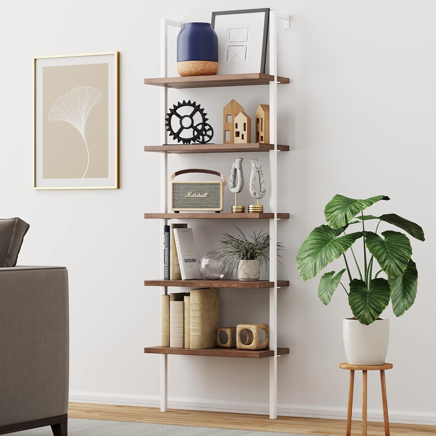 Nathan James Theo 5-Shelf Oak Wood Modern Bookcase, Open Wall Mount Ladder Bookshelf with Industrial Black Metal Frame