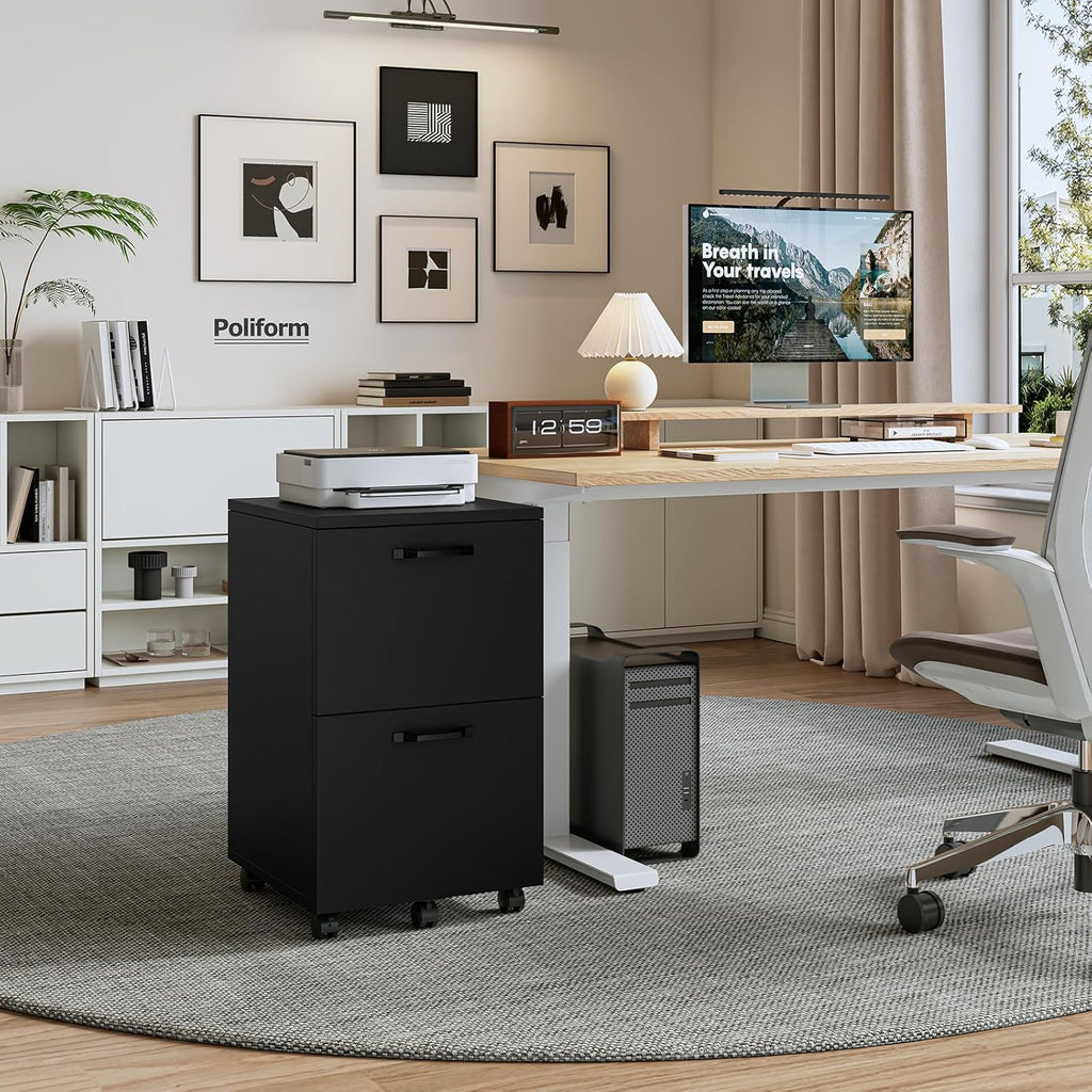 Sweetcrispy 2 Drawer Filing Cabinet Black, Rolling Wood File Cabinets with Printer Stand Under Desk Storage Lockable Wheels, Home Office Organizer for A4 Letter Legal Size Documents