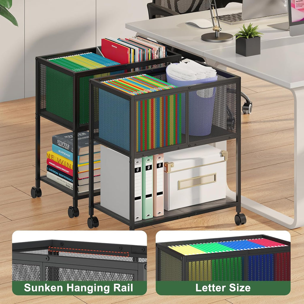 Rolling File Cart, Mobile File Cabinet with Wheels Hanging Files, Metal Hanging File Folder Cart File Organizer Fit Letter Size for Home Office, Black