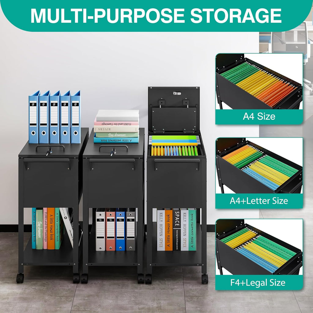 Rolling File Cart with Wheels Hanging Files,Rolling File Cabinet Organizer,Rolling Hanging File Folder Cart on Wheels,Metal Filing Cart,Fit A4/F4/Letter/Legal File for Home Office (Black)