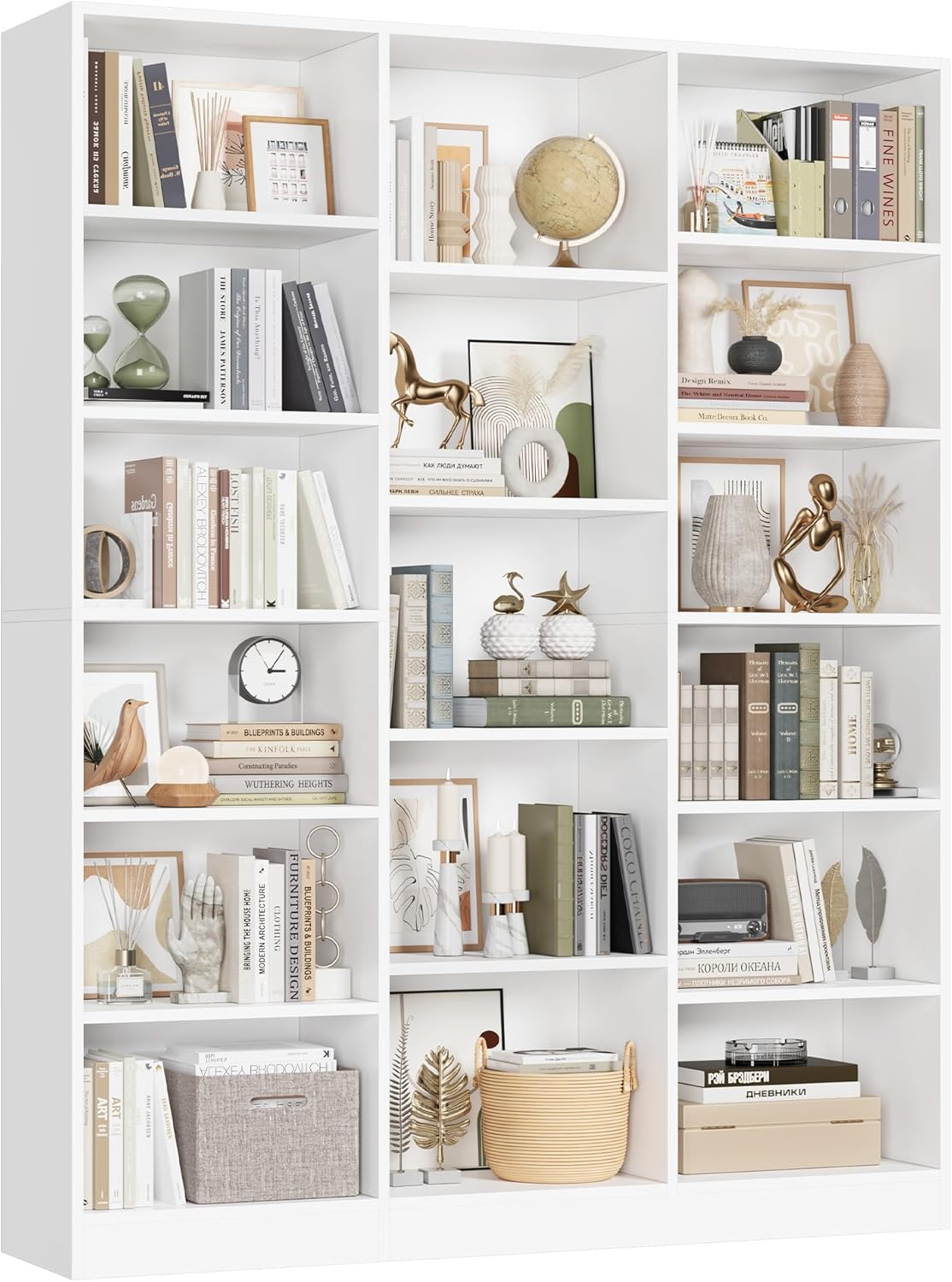 FACBOTALL Triple Wide Bookshelf, 6 Tier Large Bookshelf, Bookcase with 17 Open Display Shelves, 74'' Tall Bookcases and Bookshelves for Living Room, Home Office, Library, White