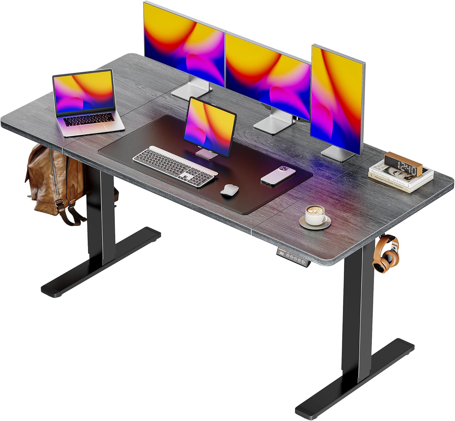 Huuger 55 x 28 Large Electric Standing Desk, Height Adjustable Computer Desk, 27.6" Deep Desktop, Stand up Gaming Office Desk with 2 Hooks, 3 Preset Heights, for Home Office, Rustic Brown