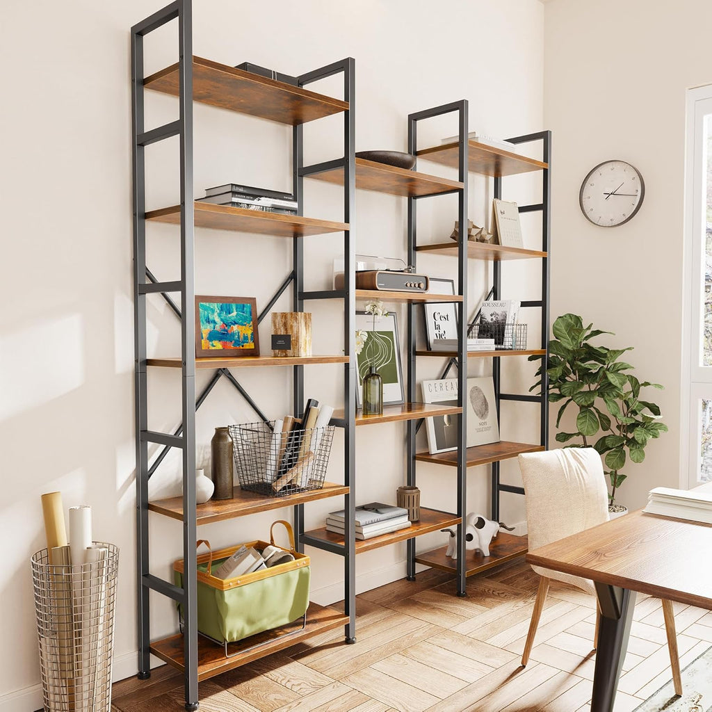 SUPERJARE Triple 5 Tier Bookshelf, Bookcase with 14 Open Display Shelves, Wide Book Shelf Book Case for Home & Office, Rustic Brown