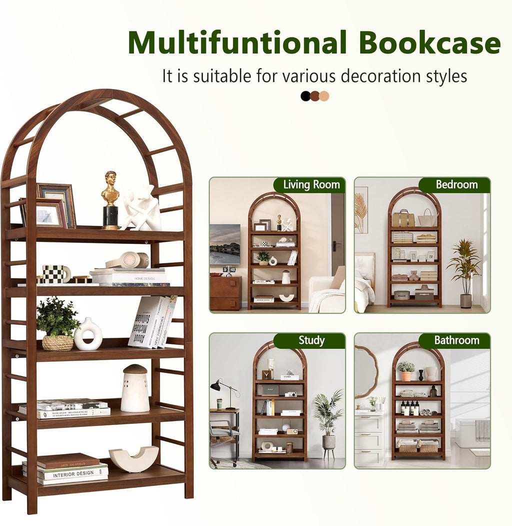 5-Tier Solid Wood Open Bookcase, Modern Arched Bookshelf, Home Office Shelf Storage Organizer, Storage Display Rack Shelf for Living Room (Walnut)