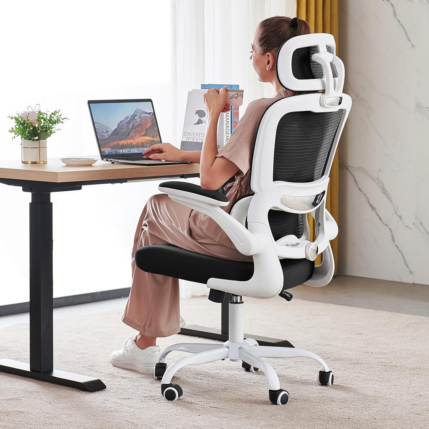 TRALT Office Chair Ergonomic Desk Chair, 330 LBS Home Mesh Office Desk Chairs with Wheels, Comfortable Gaming Chair, High Back Office Chair for Long Hours (White)