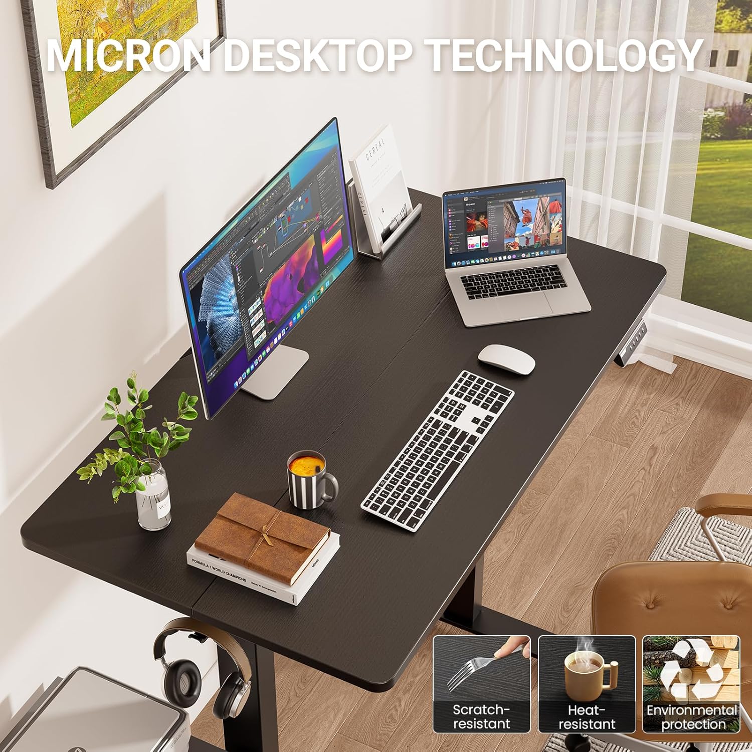 Veken 47.2" Standing Desk, Adjustable Height Office Desk with Wood Desktop, Computer Table for Home Work, Study and Gaming, Small Spaces, Modern Furniture, Black