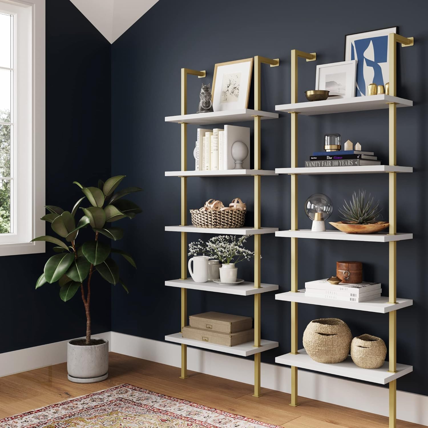 Nathan James Theo 5-Shelf Oak Wood Modern Bookcase, Open Wall Mount Ladder Bookshelf with Industrial Black Metal Frame