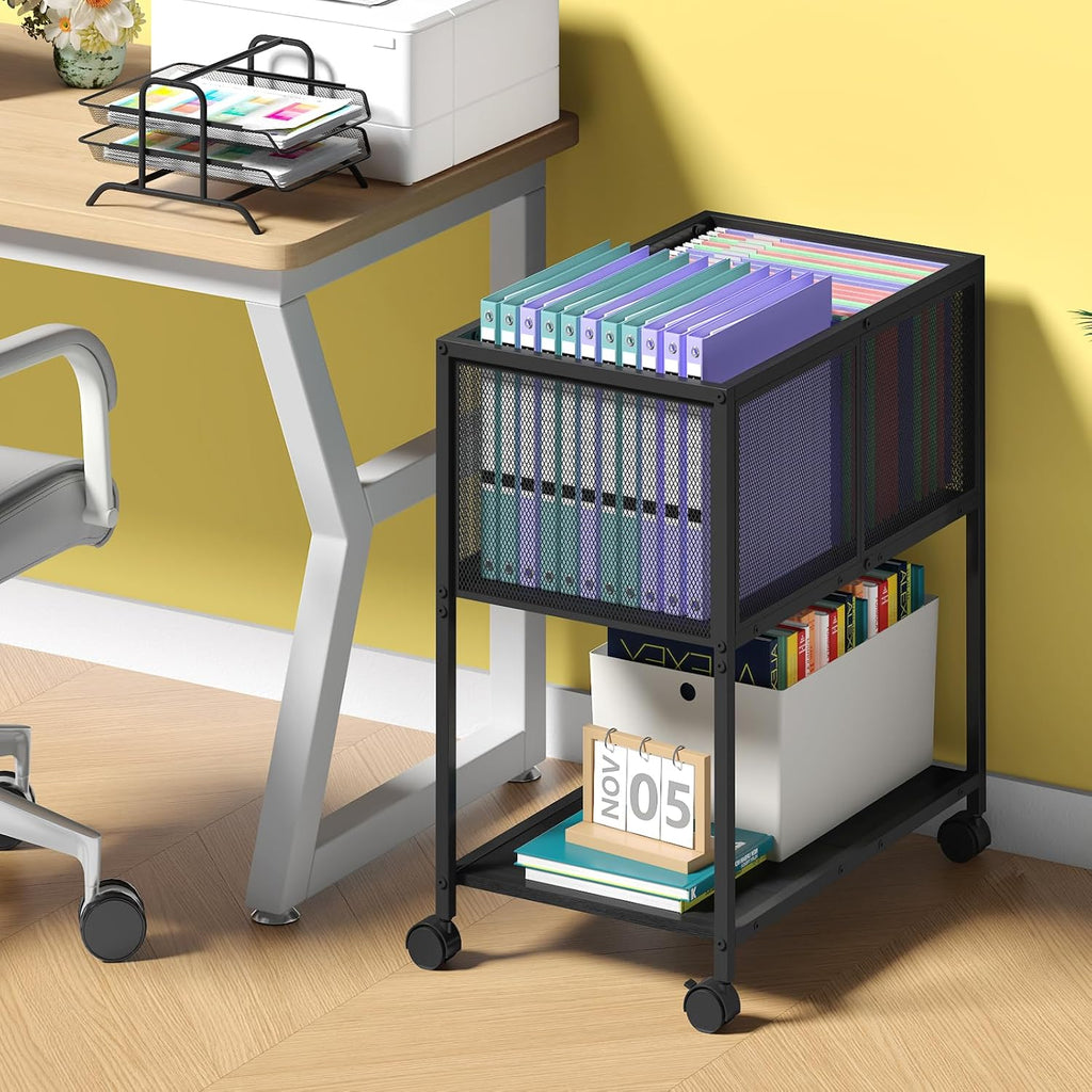Rolling File Cart, Mobile File Cabinet with Wheels Hanging Files, Metal Hanging File Folder Cart File Organizer Fit Letter Size for Home Office, Black