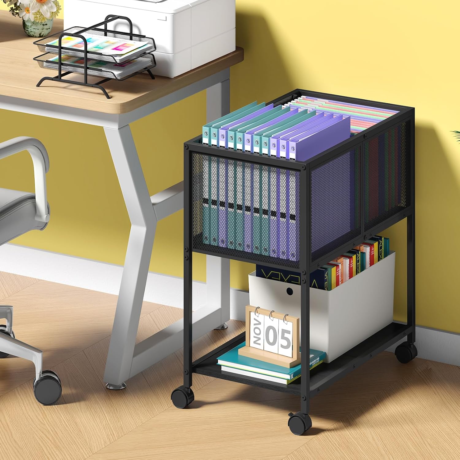 Rolling File Cart, Mobile File Cabinet with Wheels Hanging Files, Metal Hanging File Folder Cart File Organizer Fit Letter Size for Home Office, Black