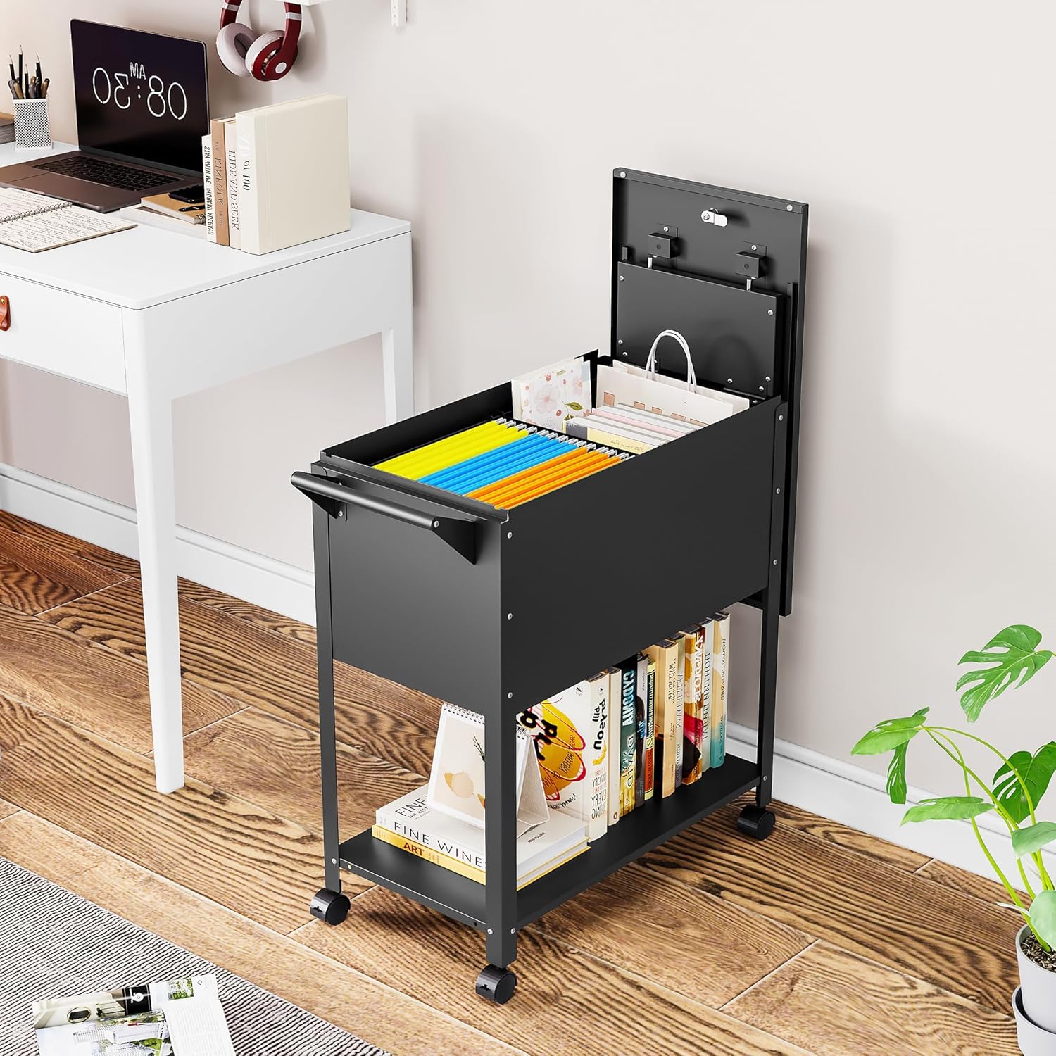 Rolling File Cart with Wheels Hanging Files,Rolling File Cabinet Organizer,Rolling Hanging File Folder Cart on Wheels,Metal Filing Cart,Fit A4/F4/Letter/Legal File for Home Office (Black)