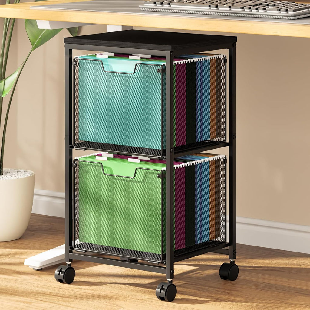 Rolling File Cart with 2 Storage Drawers, File Cabinet with Wheels, Hanging File Folder Organizer, Under Desk Storage, Printer Stand Utility Cart Filing Cabinet for Home Office,Black