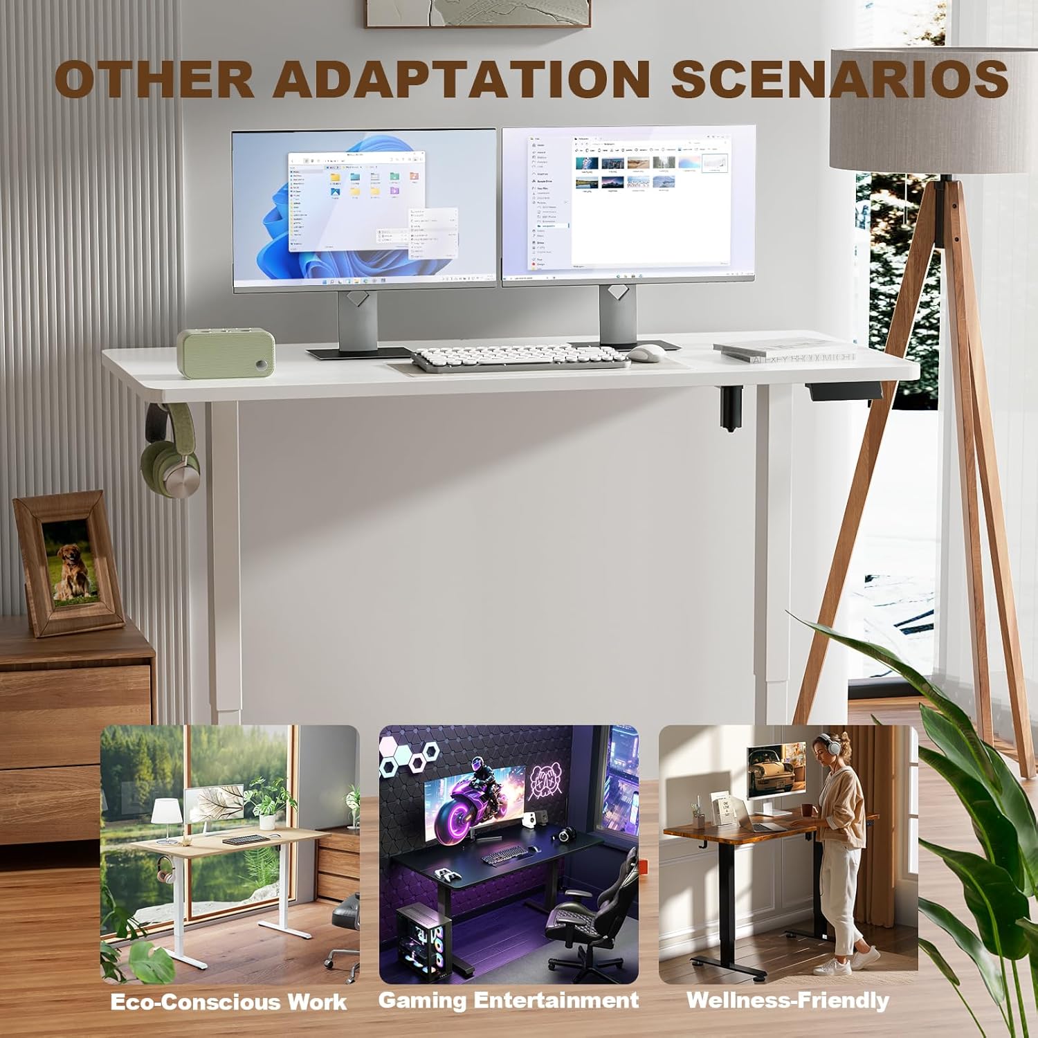 Veken 55 Inch Large Electric Standing Desk,Sit to Stand Up, Heights Adjustable, Work Home Office Computer Table for Study, Walking Pad, Writing, and Games, Wooden Desktop Desks, White