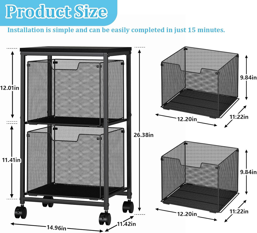 Rolling File Cart with 2 Storage Drawers, File Cabinet with Wheels, Hanging File Folder Organizer, Under Desk Storage, Printer Stand Utility Cart Filing Cabinet for Home Office,Black