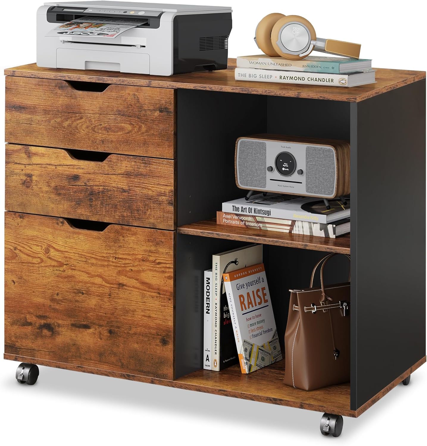 DEVAISE 3-Drawer Wood File Cabinet, Mobile Lateral Filing Cabinet, Printer Stand with Open Storage Shelves for Home Office, White