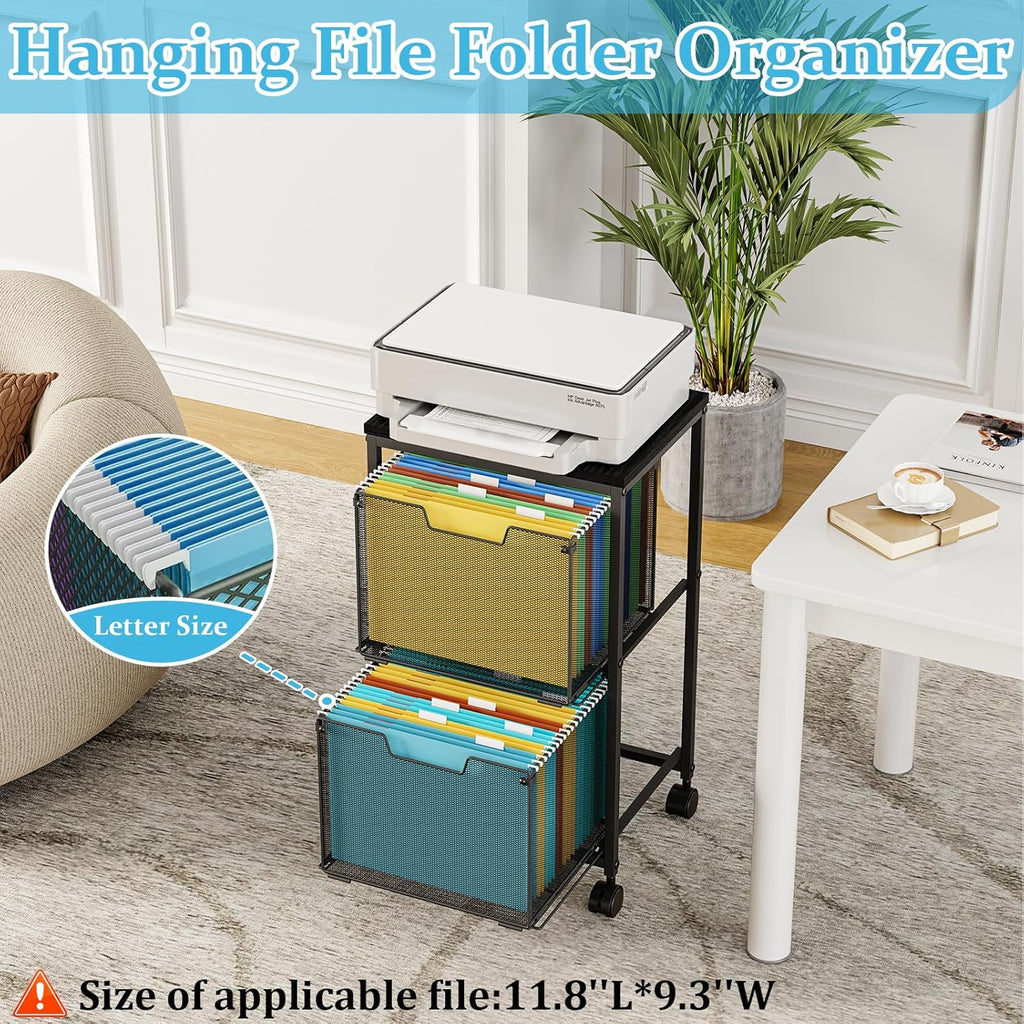 Rolling File Cart with 2 Storage Drawers, File Cabinet with Wheels, Hanging File Folder Organizer, Under Desk Storage, Printer Stand Utility Cart Filing Cabinet for Home Office,Black