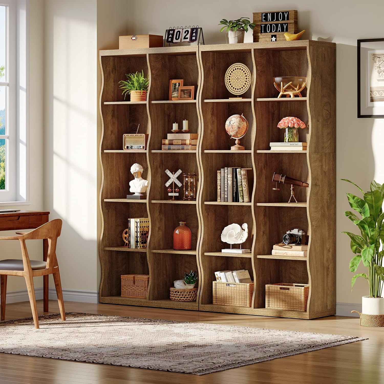 Tribesigns 70.86" Wooden 10 Cubes Bookcase Set of 2, 5-Tier Tall Bookshelf with Unique Curved-Edge Design, Rustic Display Storage Organizer with Open Shelves for Living Room, Home Office, Bedroom (2)