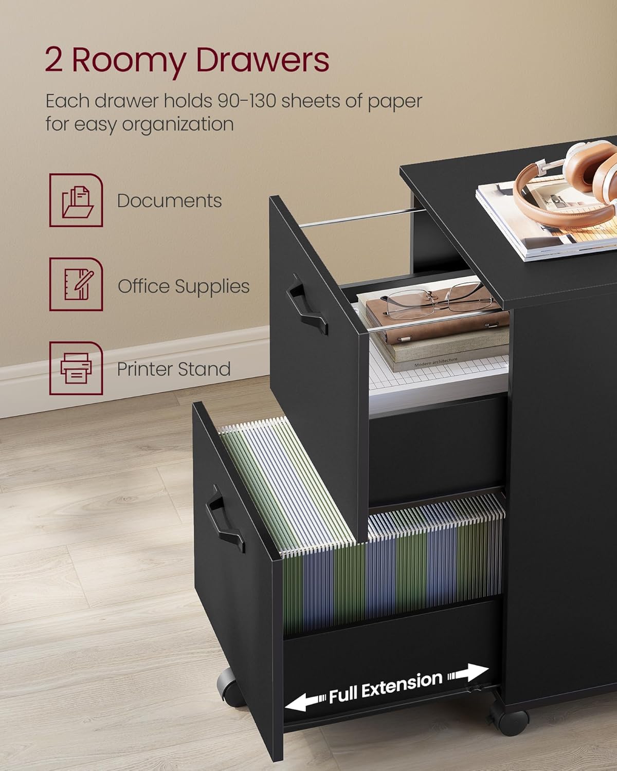 VASAGLE 2-Drawer File Cabinet, Small Rolling Filing Cabinet for Home Office, Printer Stand, for A4, Letter-Size Documents, 15.7 x 16.5 x 27.6 Inches, Matte Black UOFC040B16