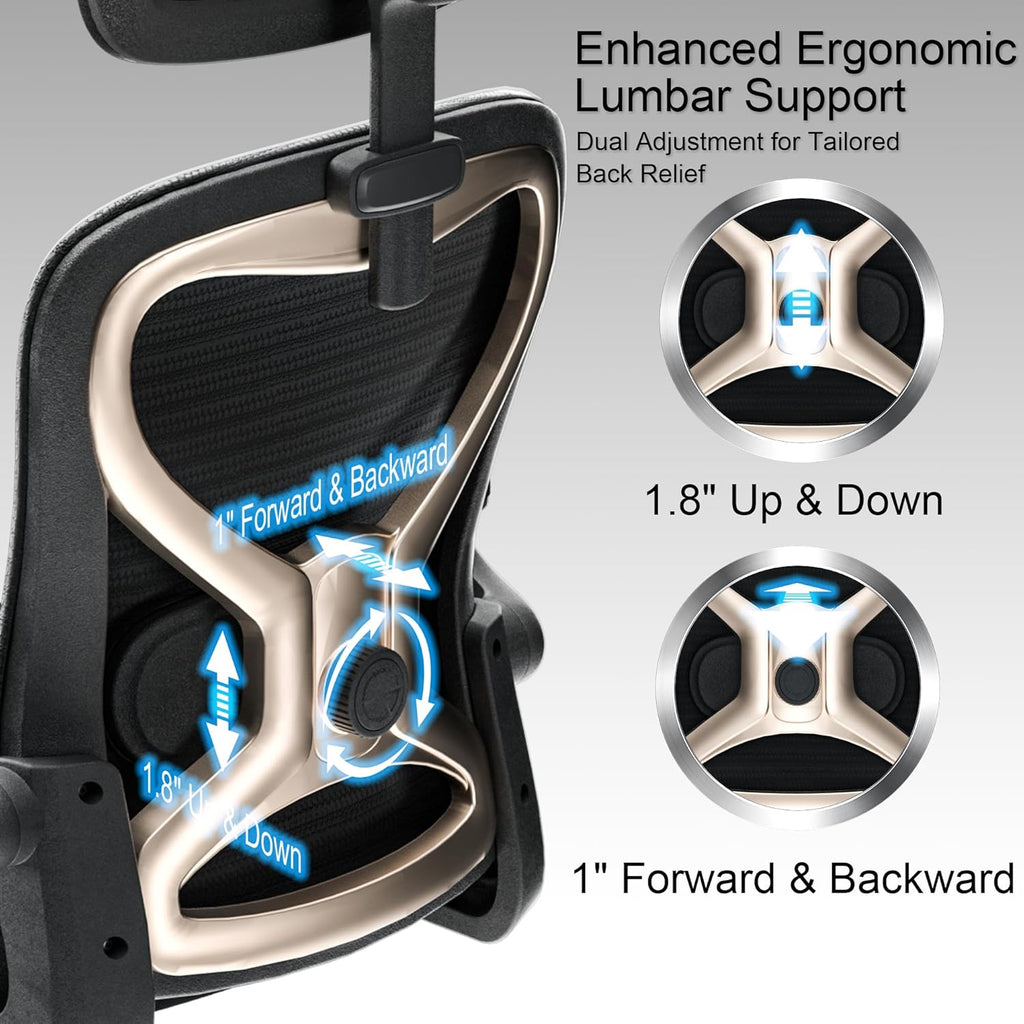 Ergonomic Office Chair, Mesh Desk Chair with Headrest, Lumbar Support, Thick Seat Cushion, Flip-up Arms, High Back Computer Task Chairs for Home Office (English, Black/Gold)