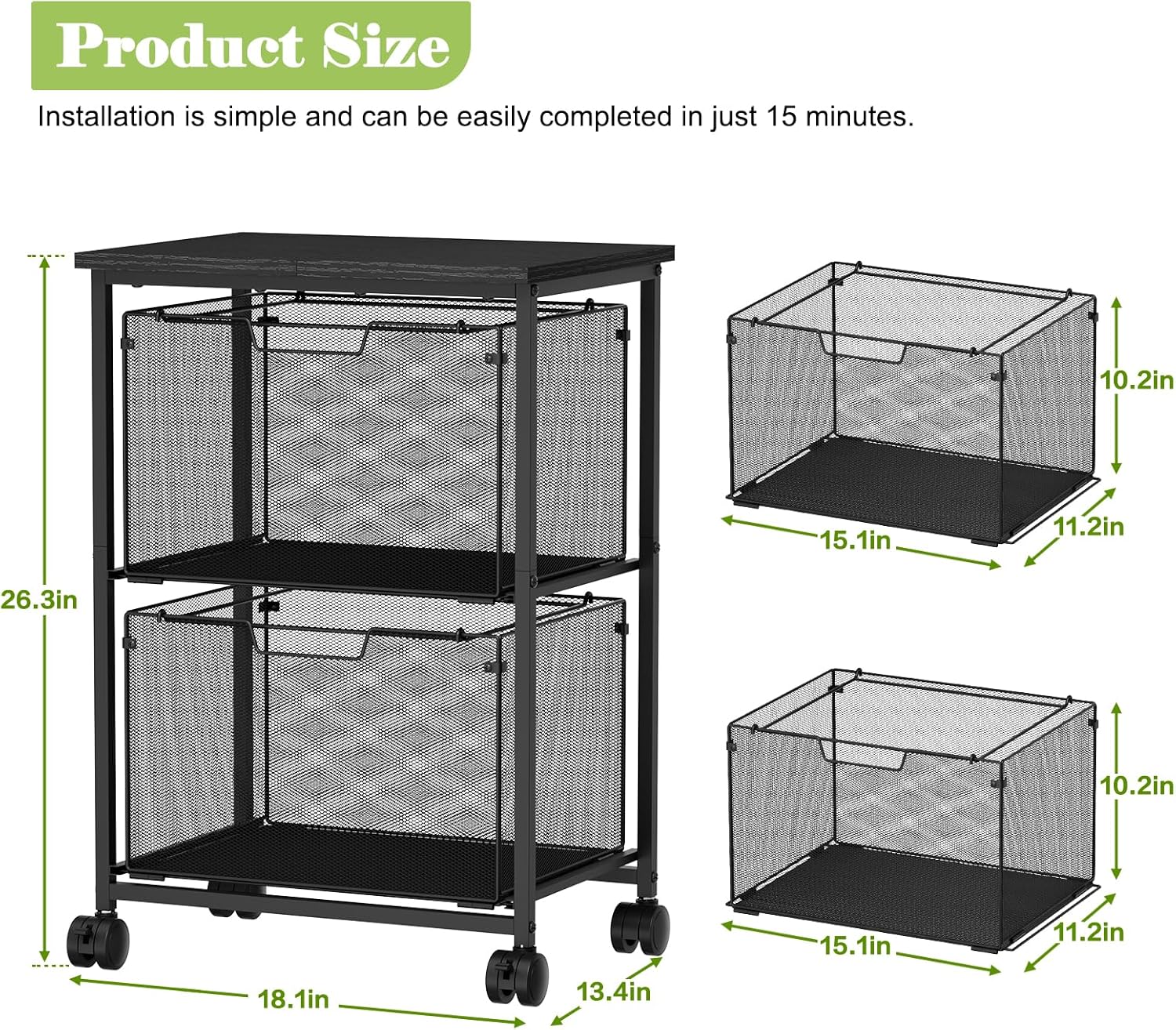 Letter/Legal Rolling File Cart with 2 Storage Drawers, Under Desk Storage, Vertical Filing Cabinet for Home Office, Hanging File Folders Organizer, Mobile Utility Cart Printer Stand, Black