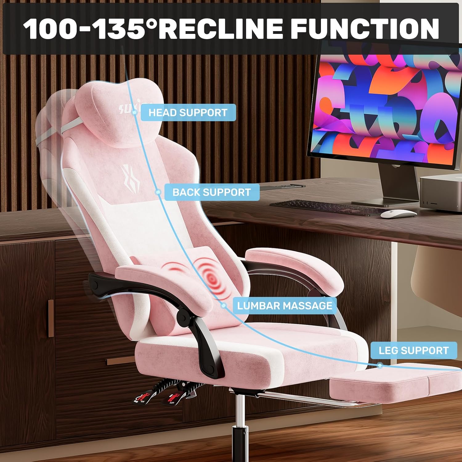 SUKIDA Plush Fabric Gaming Executive Office Chair, Ergonomic High-Back Computer Desk Chair with Large Adjustable Lumbar Support, Headrest and Linked Armrests for Long Hours Sitting Task Chair, Pink