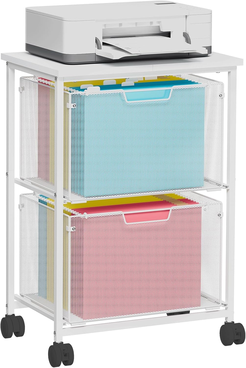 Letter/Legal Rolling File Cart with 2 Storage Drawers, Under Desk Storage, Vertical Filing Cabinet for Home Office, Hanging File Folders Organizer, Mobile Utility Cart Printer Stand, Black