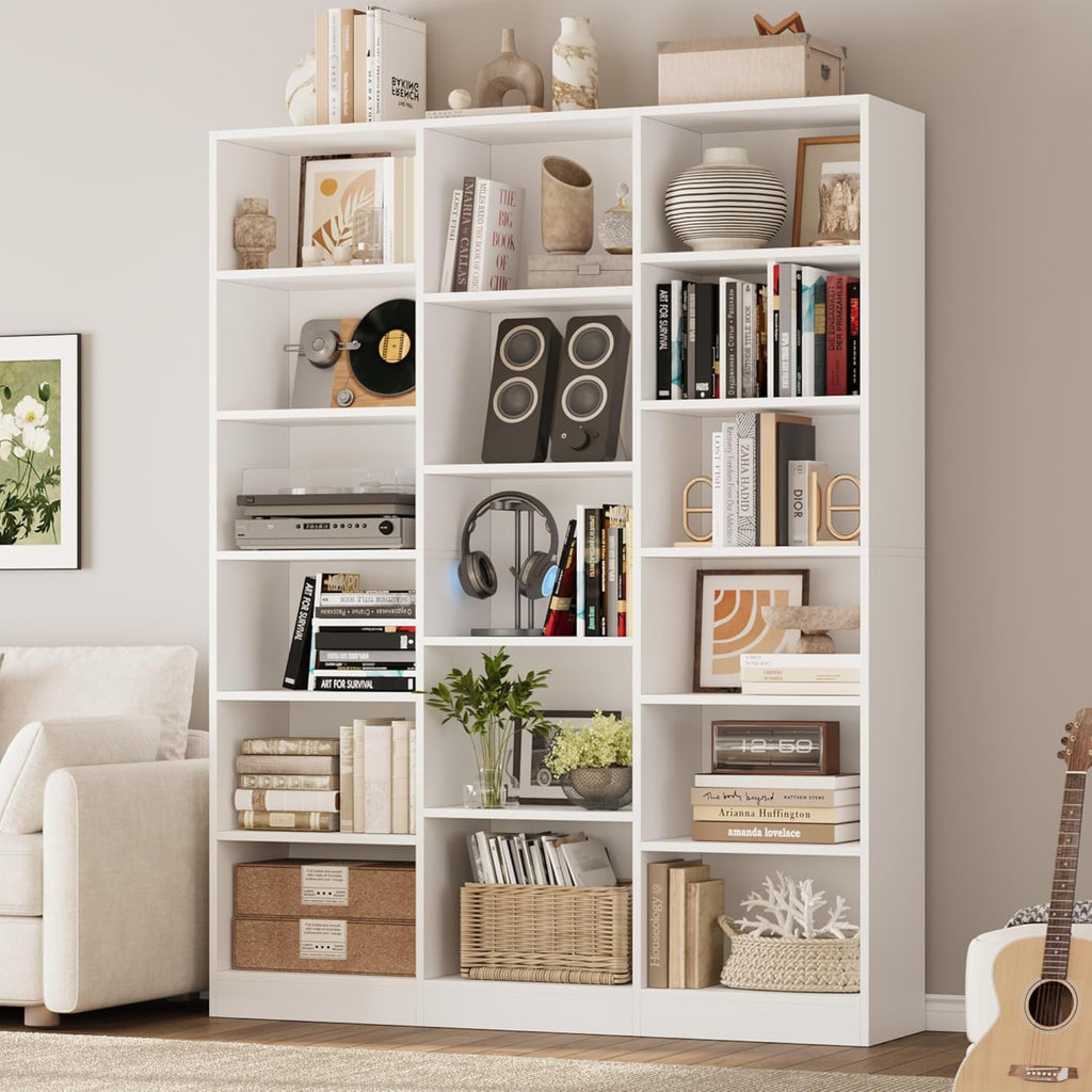 FACBOTALL Triple Wide Bookshelf, 6 Tier Large Bookshelf, Bookcase with 17 Open Display Shelves, 74'' Tall Bookcases and Bookshelves for Living Room, Home Office, Library, White