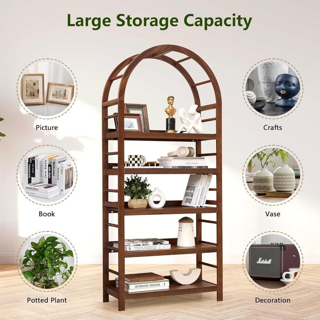 5-Tier Solid Wood Open Bookcase, Modern Arched Bookshelf, Home Office Shelf Storage Organizer, Storage Display Rack Shelf for Living Room (Walnut)