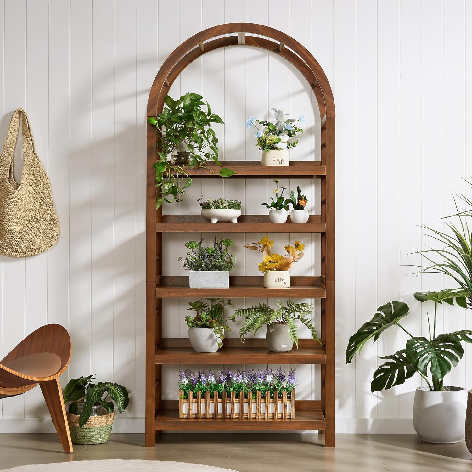 5-Tier Solid Wood Open Bookcase, Modern Arched Bookshelf, Home Office Shelf Storage Organizer, Storage Display Rack Shelf for Living Room (Walnut)