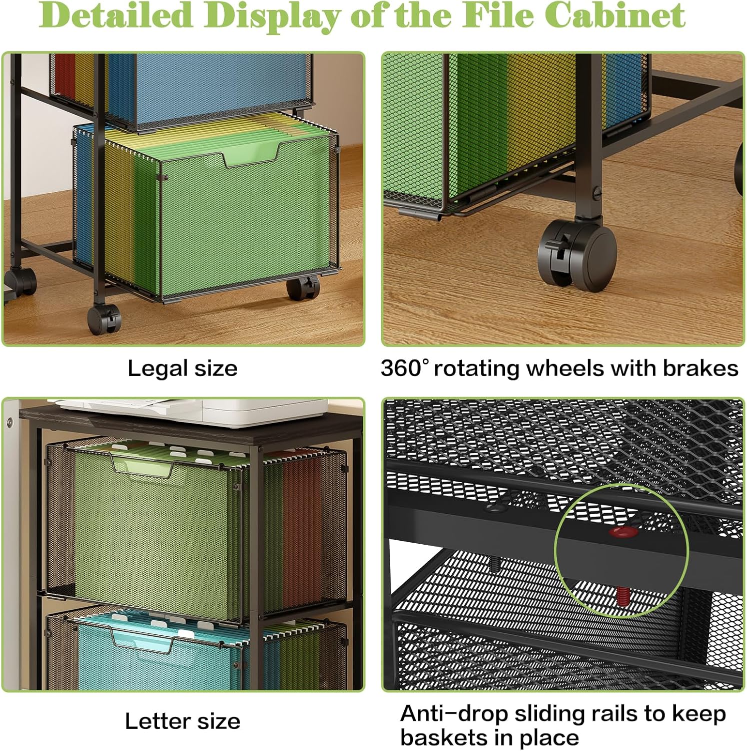 Letter/Legal Rolling File Cart with 2 Storage Drawers, Under Desk Storage, Vertical Filing Cabinet for Home Office, Hanging File Folders Organizer, Mobile Utility Cart Printer Stand, Black