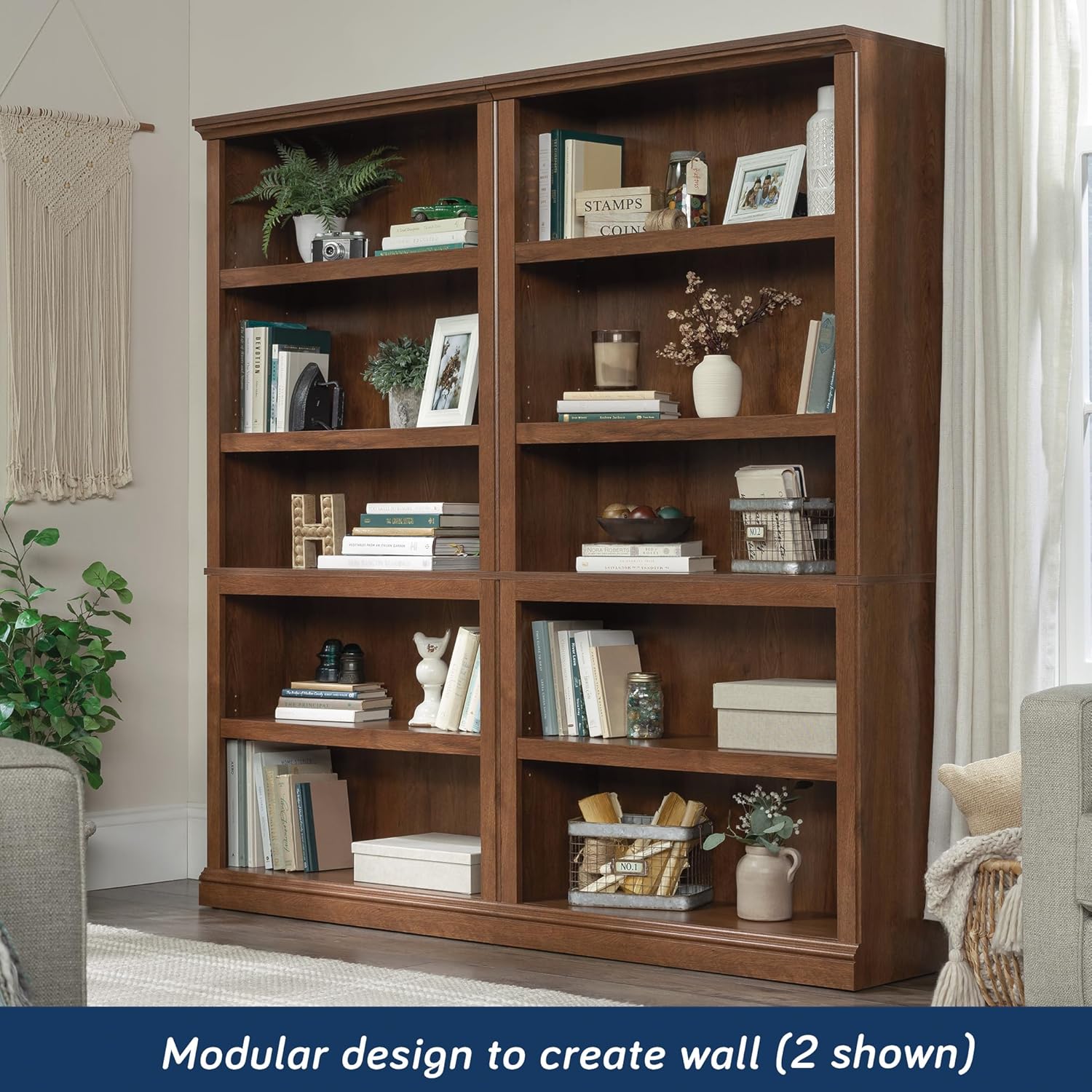 Sauder 5-Shelf Split Bookcase/ Book shelf, Oiled Oak finish