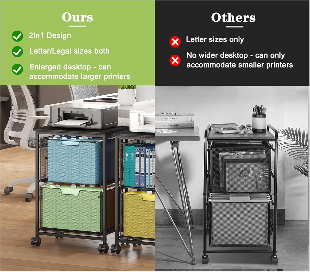 Letter/Legal Rolling File Cart with 2 Storage Drawers, Under Desk Storage, Vertical Filing Cabinet for Home Office, Hanging File Folders Organizer, Mobile Utility Cart Printer Stand, Black