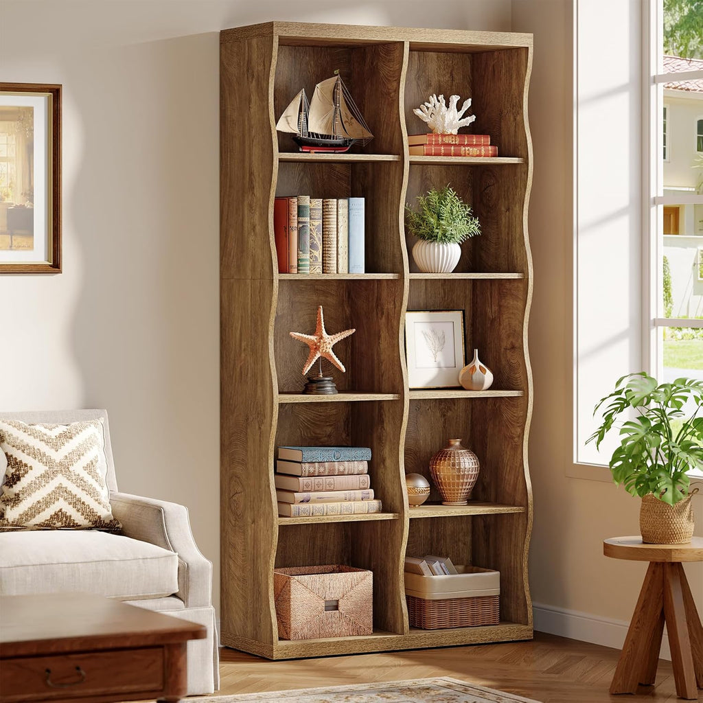 Tribesigns 70.86" Wooden 10 Cubes Bookcase Set of 2, 5-Tier Tall Bookshelf with Unique Curved-Edge Design, Rustic Display Storage Organizer with Open Shelves for Living Room, Home Office, Bedroom (2)