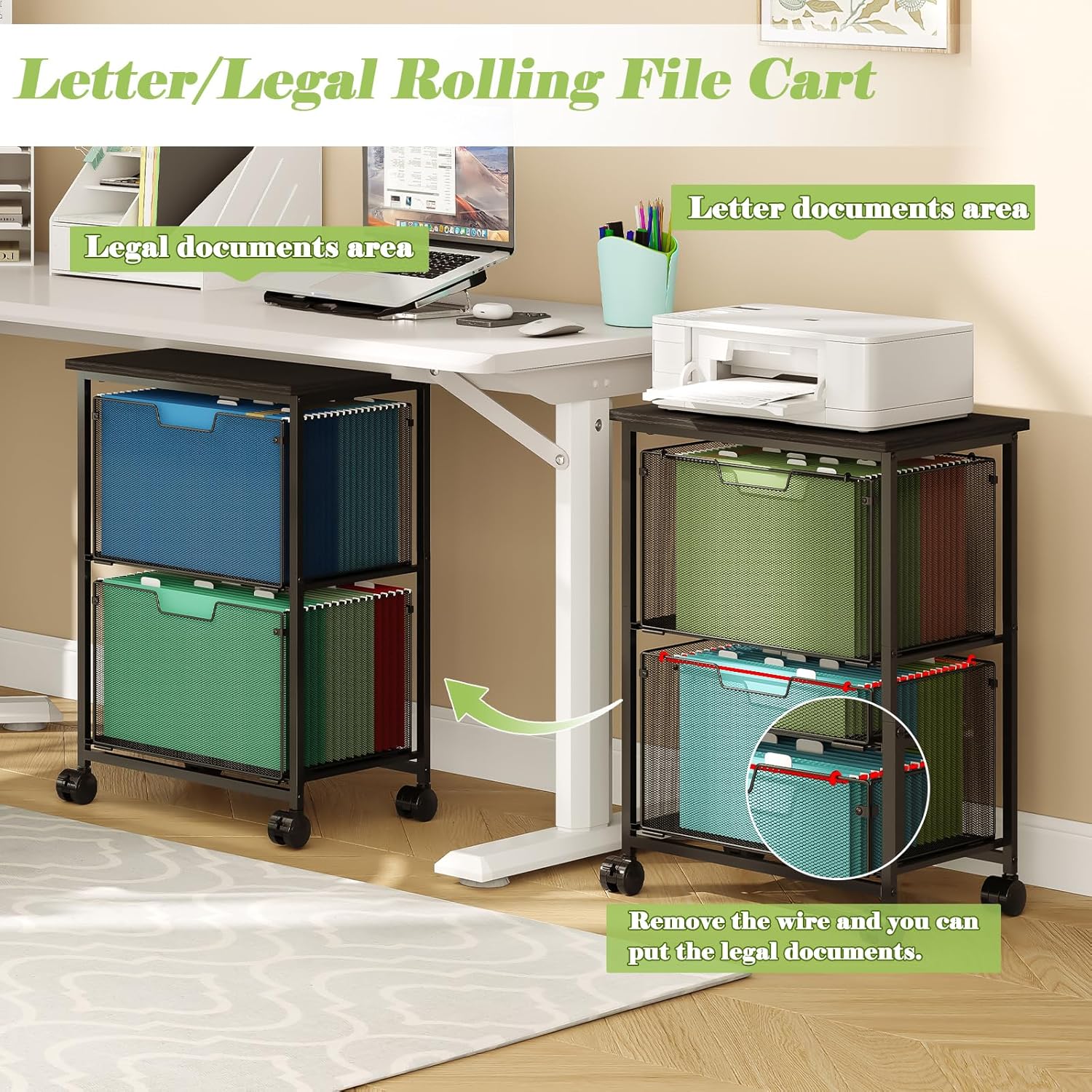 Letter/Legal Rolling File Cart with 2 Storage Drawers, Under Desk Storage, Vertical Filing Cabinet for Home Office, Hanging File Folders Organizer, Mobile Utility Cart Printer Stand, Black