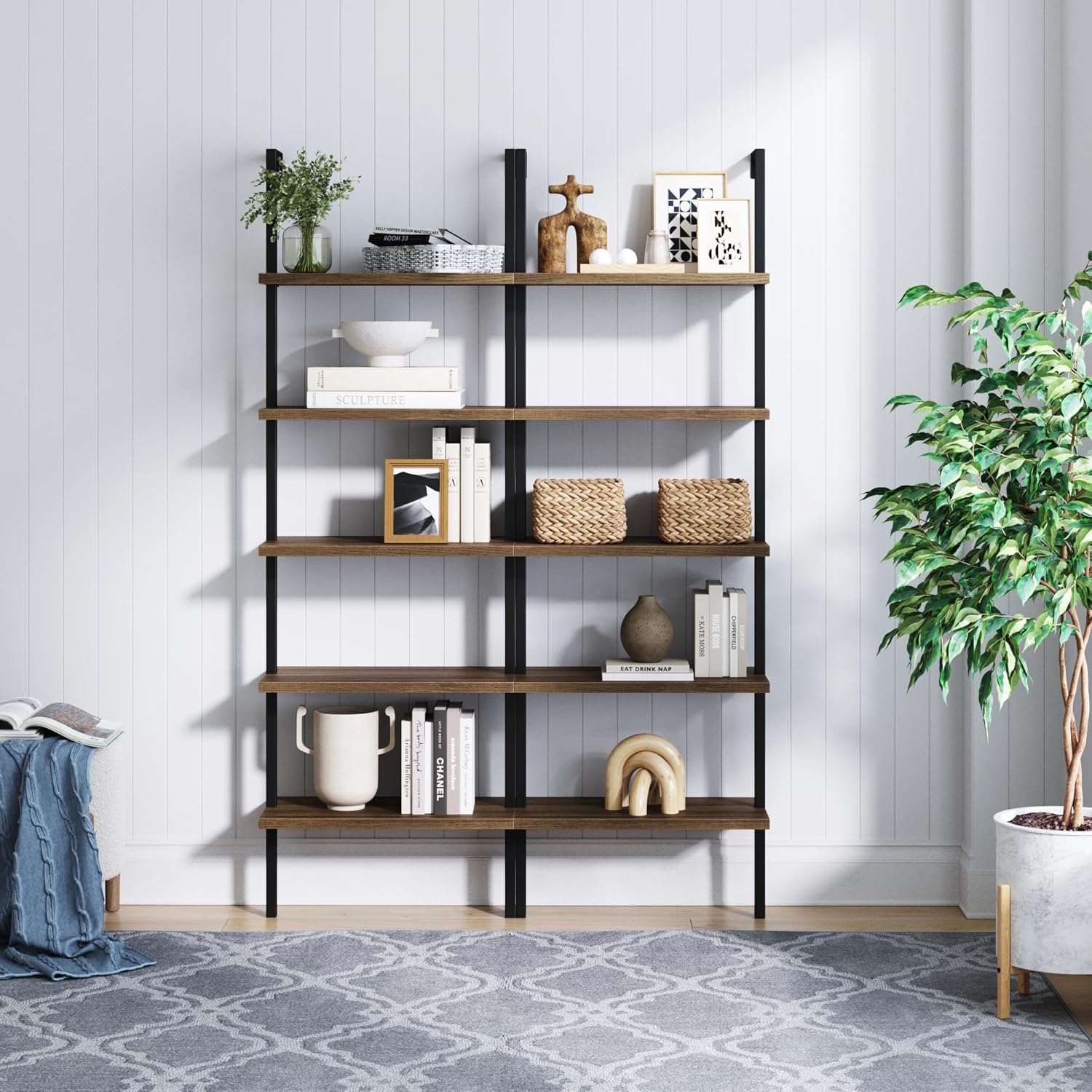 Nathan James Theo 5-Shelf Oak Wood Modern Bookcase, Open Wall Mount Ladder Bookshelf with Industrial Black Metal Frame