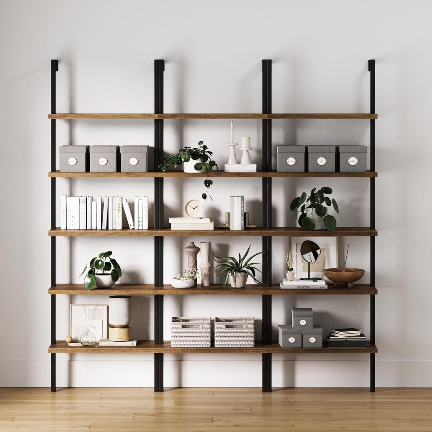 Nathan James Theo 5-Shelf Oak Wood Modern Bookcase, Open Wall Mount Ladder Bookshelf with Industrial Black Metal Frame