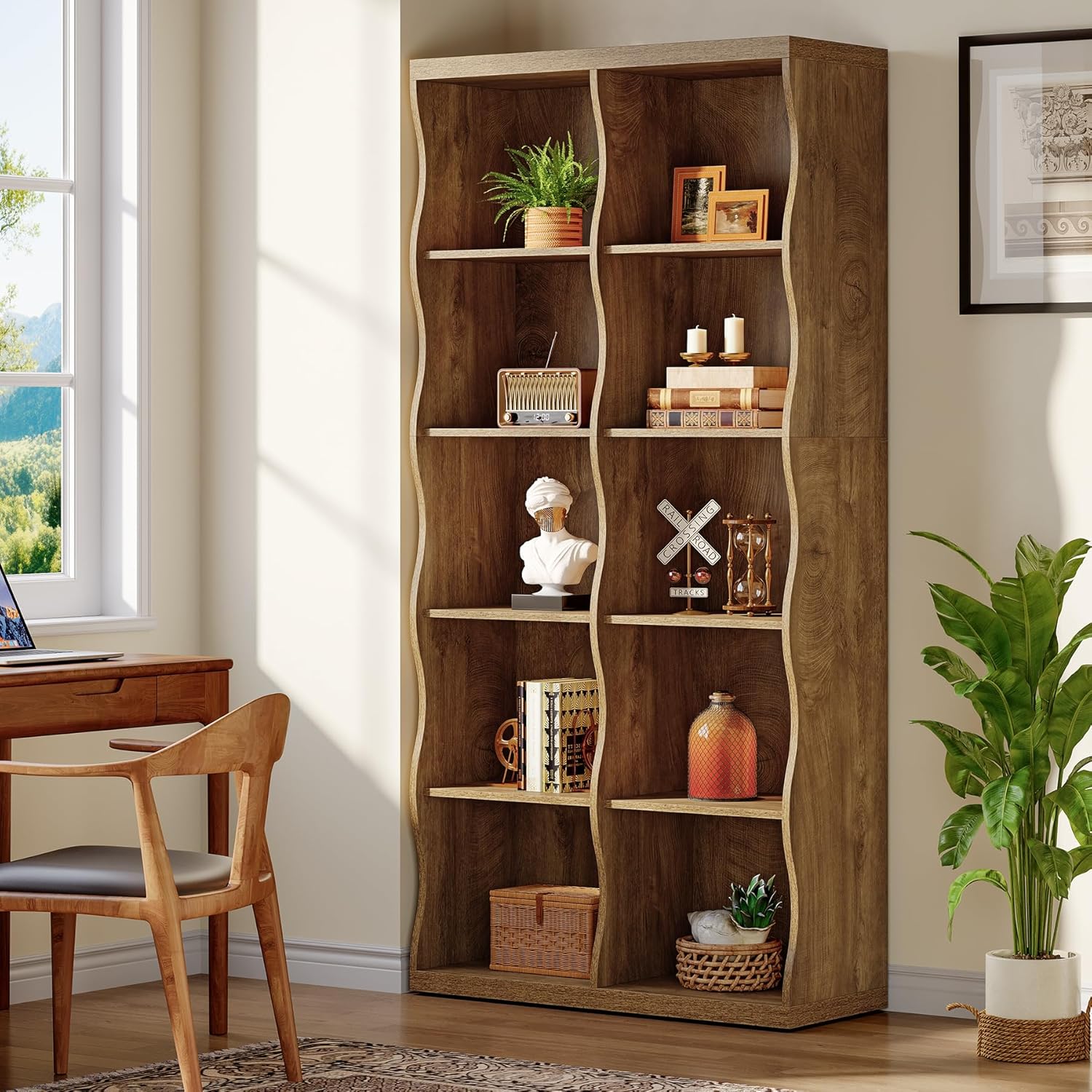 Tribesigns 70.86" Wooden 10 Cubes Bookcase Set of 2, 5-Tier Tall Bookshelf with Unique Curved-Edge Design, Rustic Display Storage Organizer with Open Shelves for Living Room, Home Office, Bedroom (2)