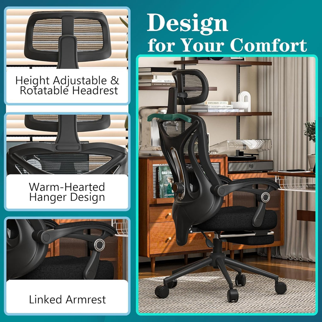Ergonomic Office Chair with Footrest - Adjustable Lumbar Support & Headrest, 90-160° Reclining Mesh Back Computer Chair - Home Office/Gaming, 350lbs Capacity (SGS Certified)