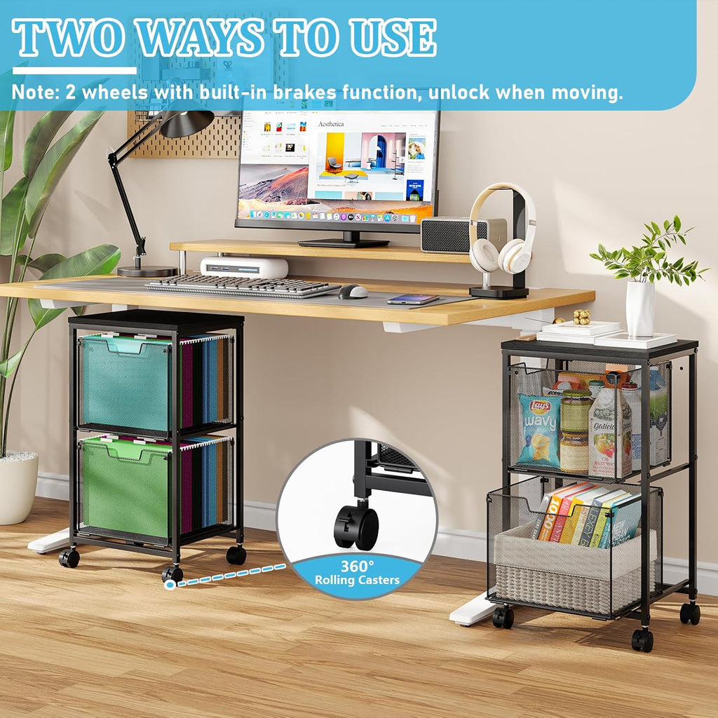 Rolling File Cart with 2 Storage Drawers, File Cabinet with Wheels, Hanging File Folder Organizer, Under Desk Storage, Printer Stand Utility Cart Filing Cabinet for Home Office,Black