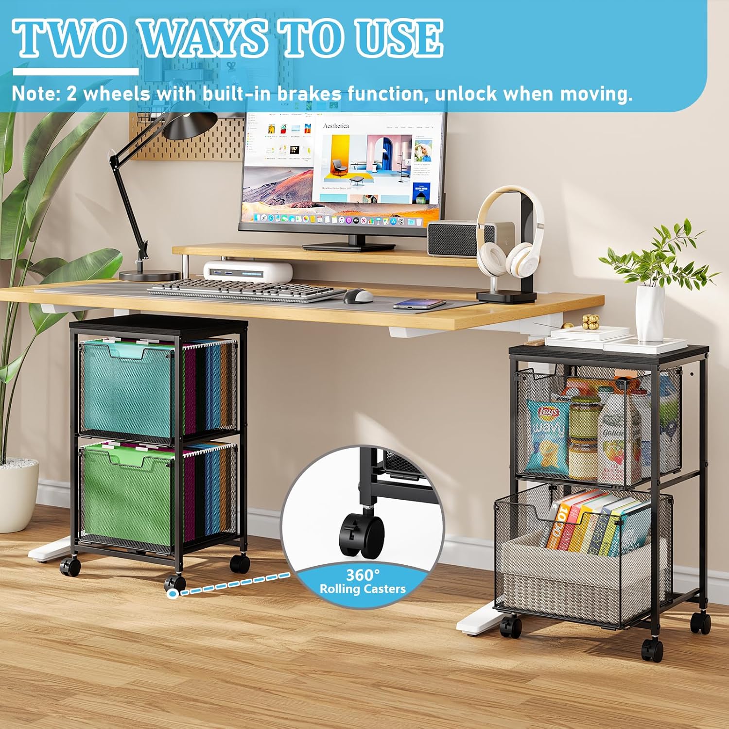 Rolling File Cart with 2 Storage Drawers, File Cabinet with Wheels, Hanging File Folder Organizer, Under Desk Storage, Printer Stand Utility Cart Filing Cabinet for Home Office,Black