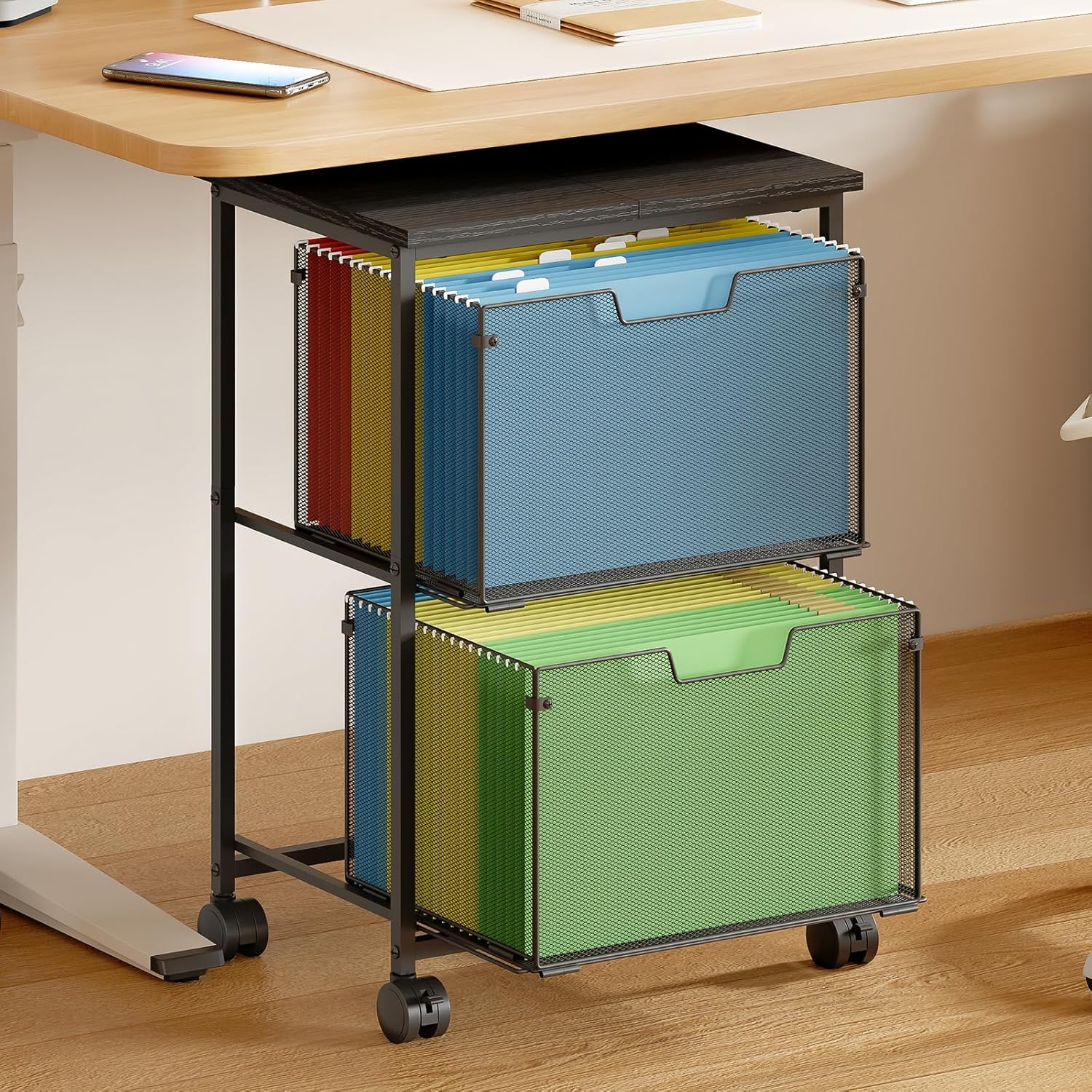 Letter/Legal Rolling File Cart with 2 Storage Drawers, Under Desk Storage, Vertical Filing Cabinet for Home Office, Hanging File Folders Organizer, Mobile Utility Cart Printer Stand, Black