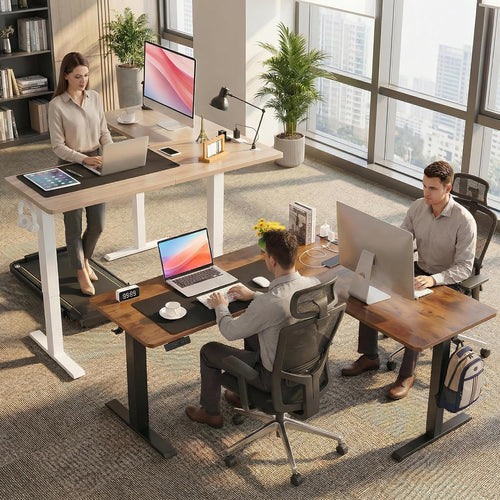 63” L Shaped Standing Desk with Charging Station,Supports Left and Right Swapping,Electric Height Adjustable Corner Stand Up Desk.Free Hook, Lockable Wheels,Mouse Pad,Oak